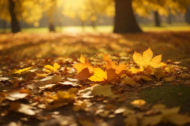 una imagen fotorrealista de hojas de otoño en un parque