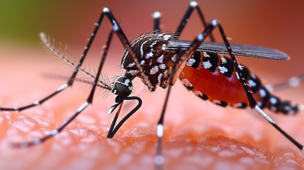 Imagen fotorrealista Una imagen que muestra a un mosquito tigre mordiendo la piel de una persona