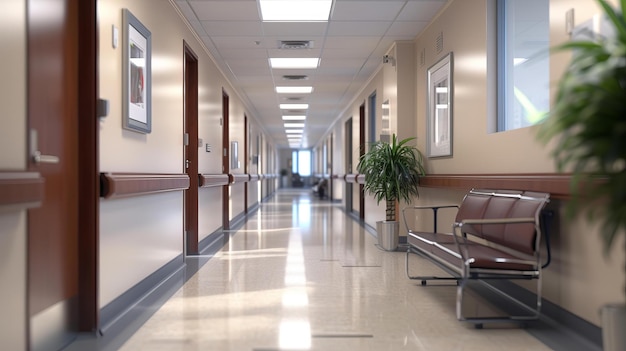 Una imagen fotorrealista del interior de un hospital con un efecto de desenfoque enfocado para crear una sensación de profundidad y actividad AI Generative