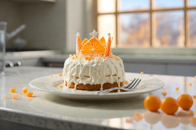 una imagen fotorrealista de un postre en un plato en una cocina