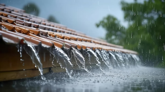 Una imagen fotorrealista que muestra el goteo de agua de las baldosas del techo en fuertes tormentas