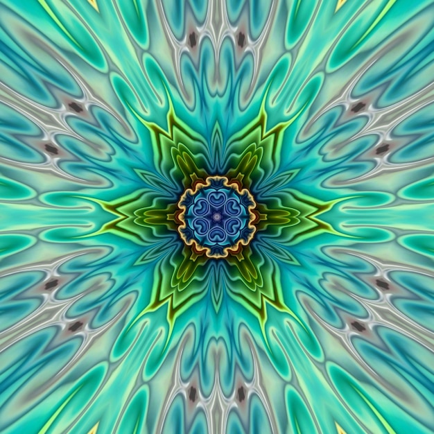 Una imagen fractal de una flor con un fondo azul.
