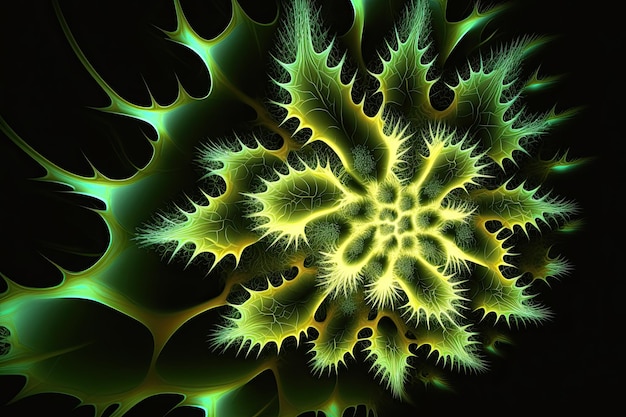 Una imagen fractal verde y amarilla de una flor.