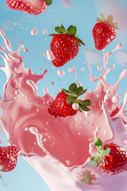 una imagen de fresas y leche con un fondo azul