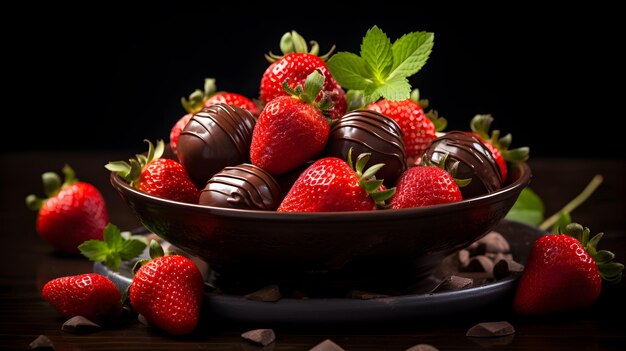 Foto imagen de fresas maduras con chocolate en un bol