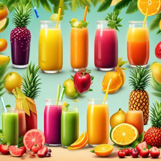 Foto una imagen de frutas y jugos con las palabras frutas y verduras en ella