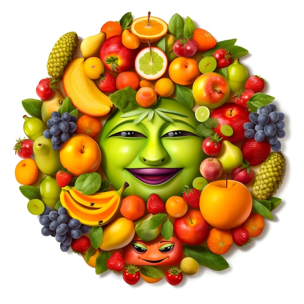 Una imagen de frutas y verduras con una cara sonriente y un plátano.