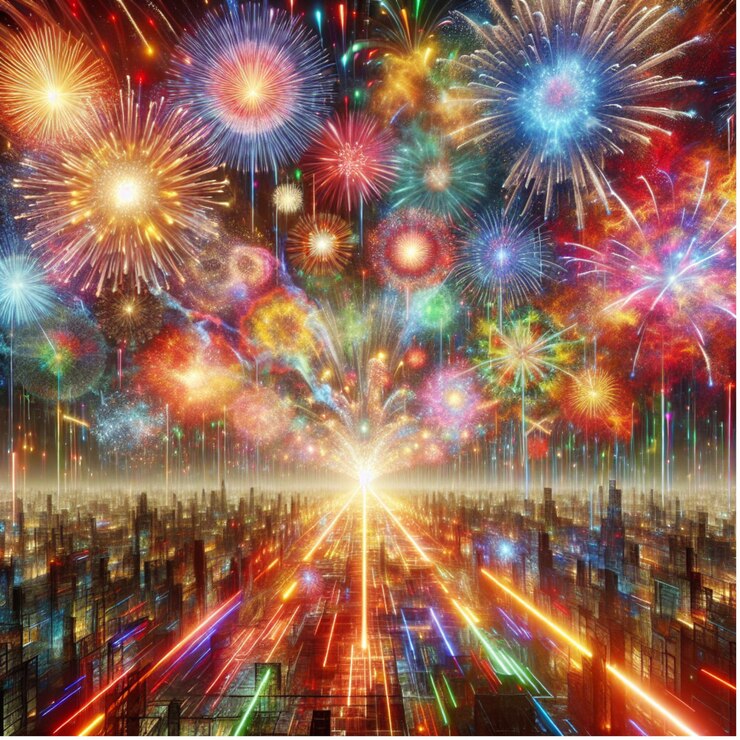 Imagen de fuegos artificiales coloridos en un gran festival