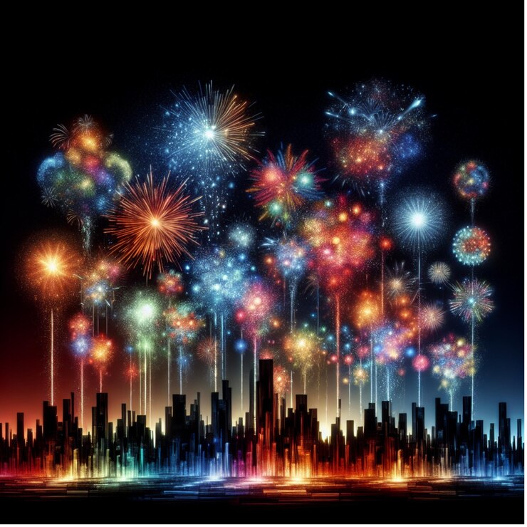 Imagen de fuegos artificiales coloridos en un gran festival