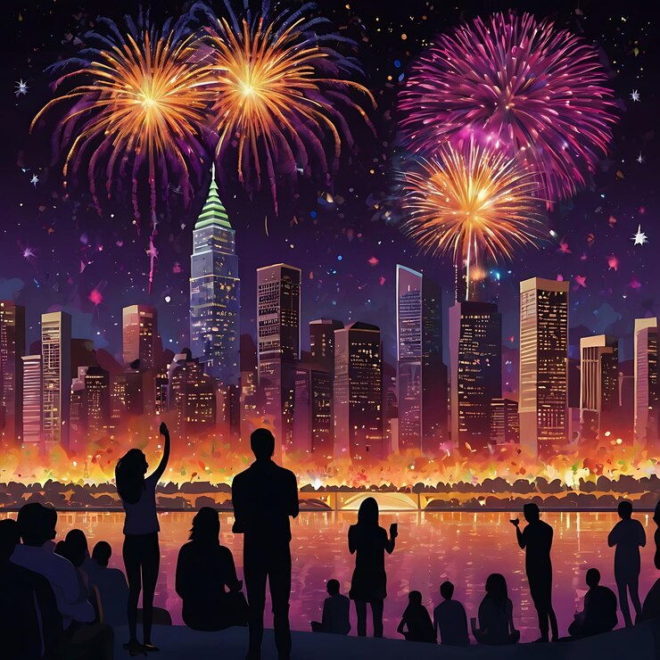 una imagen de fuegos artificiales con un horizonte de la ciudad en el fondo