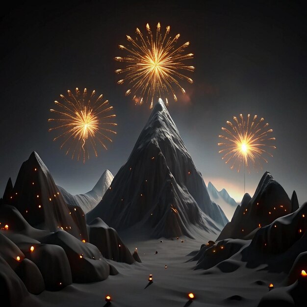 una imagen de fuegos artificiales que es de una montaña que dice fuegos artificials