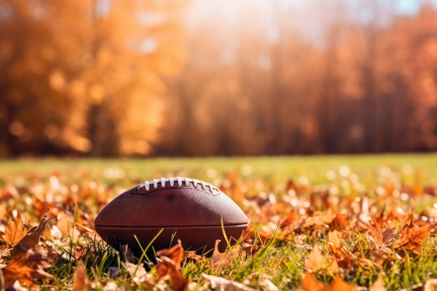 Imagen de fútbol con temática de otoño con hojas caídas y una pelota en el césped en un día fresco