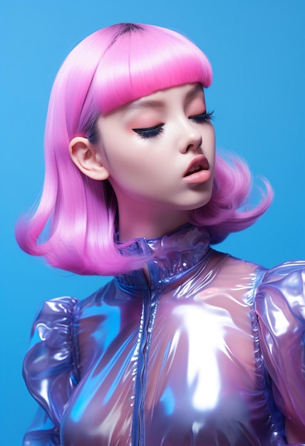 Imagen futurista y elegante de una mujer con un bob rosa y una chaqueta semitransparente generada por IA