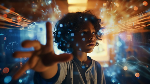 imagen futurista de un niño rodeado de símbolos holográficos virtuales