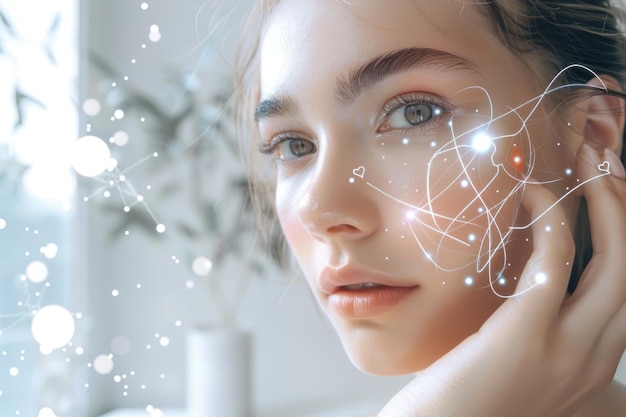 Imagen futurista que ilustra a una mujer con una interfaz digital proyectada en su cara AIG62
