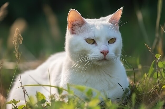 Imagen de gato blanco descansando sobre pasto verde en verano Ilustración de animales de compañía AI generativa