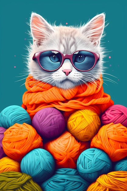 Imagen de un gato con gafas de sol y una bufanda con bolas de hilo IA generativa