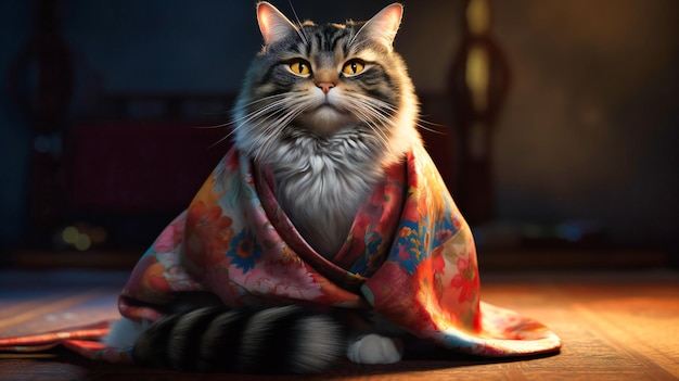 Una imagen de un gato con un kimono en el vientre.