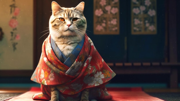 Una imagen de un gato con un kimono en el vientre.