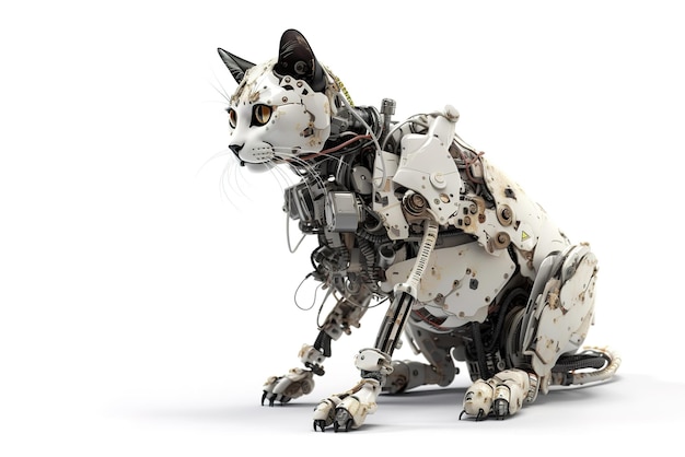 Imagen de un gato modificado en un robot electrónico sobre un fondo blanco Ilustración de animal doméstico IA generativa