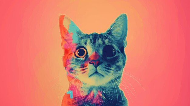 Una imagen de un gato con ojos grandes en un fondo rosa