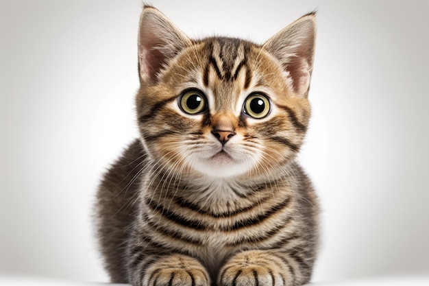 Una imagen de un gato pequeño mirando a la cámara contra un fondo blanco.
