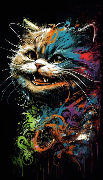 Imagen de un gato con salpicaduras de pintura de colores en la cara IA generativa