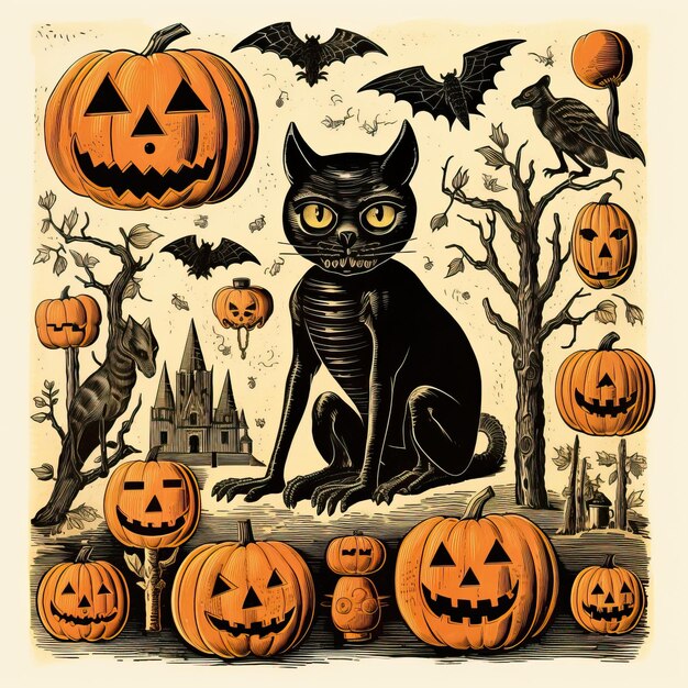 Imagen generada por ai de alta calidad del gato negro de la decoración del papel de Halloween vintage