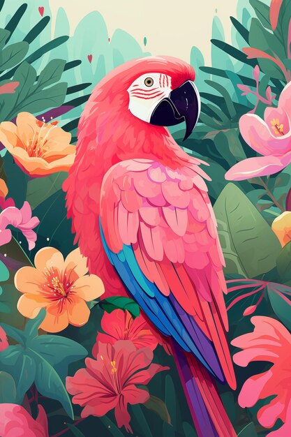 Foto imagen generada por ai de un cartel colorido con un loro en un bosque tropical