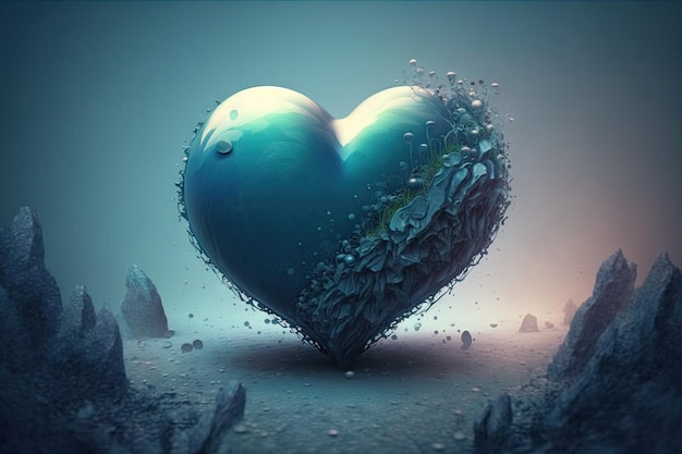 Imagen generada por ai de un corazón azul abstracto en una escena submarina con ai generativo de rocas