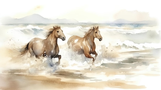 Imagen generada por AI Hermosa pintura de acuarela de caballos corriendo a lo largo de la costa del mar