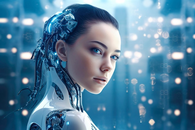 Imagen generada por Ai de una mujer como un híbrido con un robot
