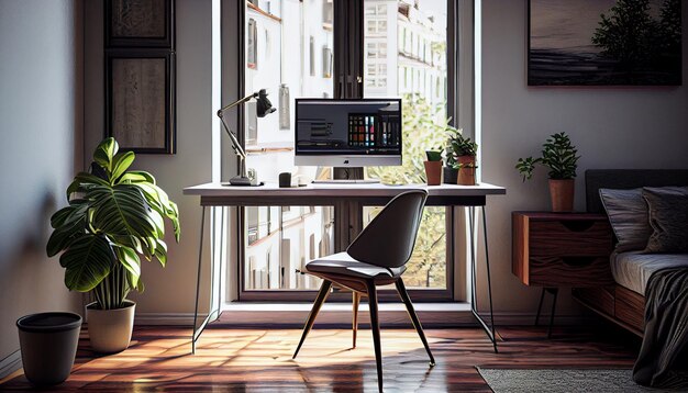 Imagen generada por Ai de una oficina en casa elegante y minimalista