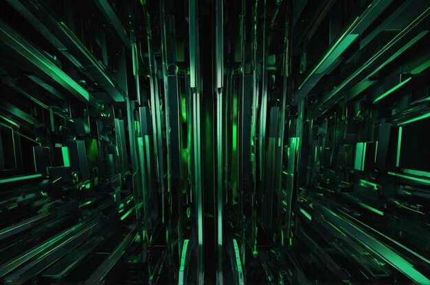 una imagen generada por computadora de un fondo abstracto verde y negro con muchas líneas verdes