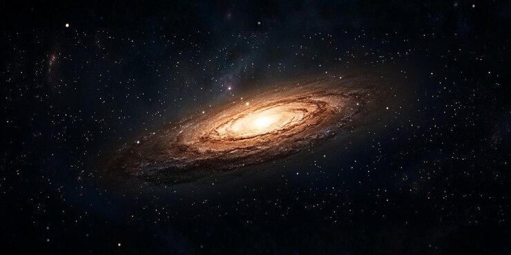 una imagen generada por computadora de una galaxia espiral con estrellas y galaxia en el fondo