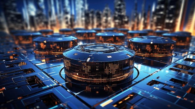 una imagen generada por computadora de una gran ciudad con un gran objeto circular en el centro