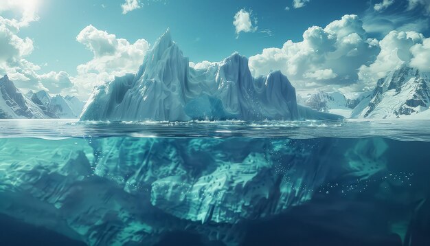 Foto una imagen generada por computadora de un gran iceberg con montañas en el fondo