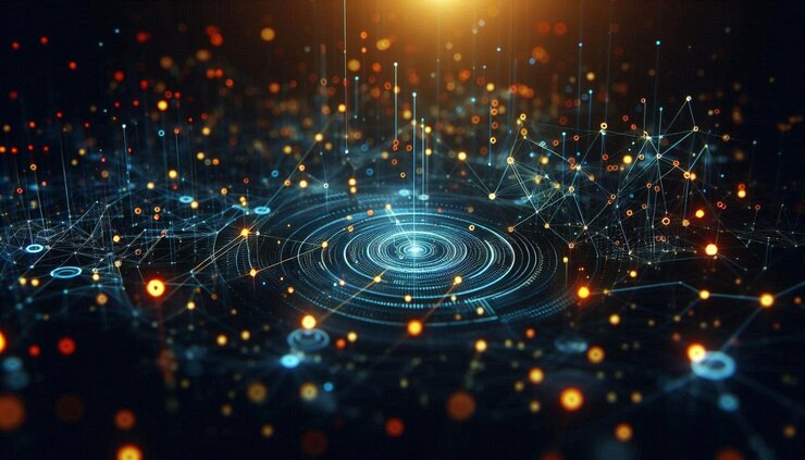 una imagen generada por computadora de una imagen digital con un fondo azul y negro con una espiral y líneas