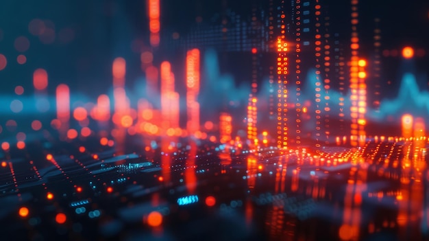 Una imagen generada por computadora de un paisaje urbano con muchas luces rojas y azules la imagen tiene un futurista