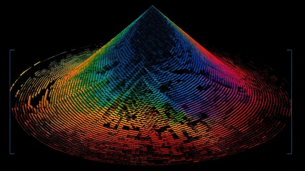 Una imagen generada por computadora de una pirámide con un círculo azul y los números 1, 2 y 3.