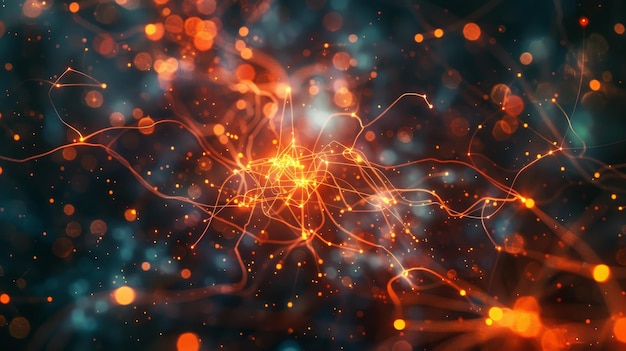 Una imagen generada por computadora de una red de líneas naranjas y azules La imagen tiene un aspecto futurista y abstracto
