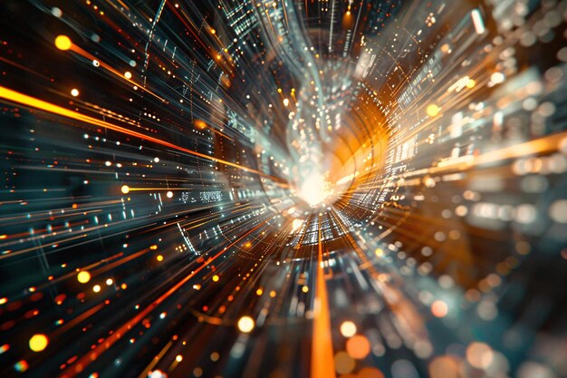 una imagen generada por computadora de un túnel con una luz y muchas líneas naranjas y amarillas que brillan azul