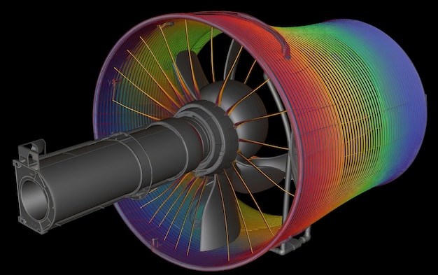 Una imagen generada por computadora de una turbina con un diseño de colores del arco iris