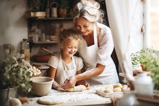 Imagen generada por IA de una abuela con su nieta horneando Foto de alta calidad