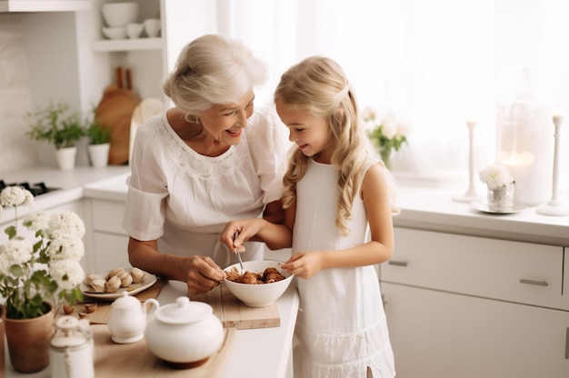 Imagen generada por IA de una abuela con su nieta horneando Foto de alta calidad