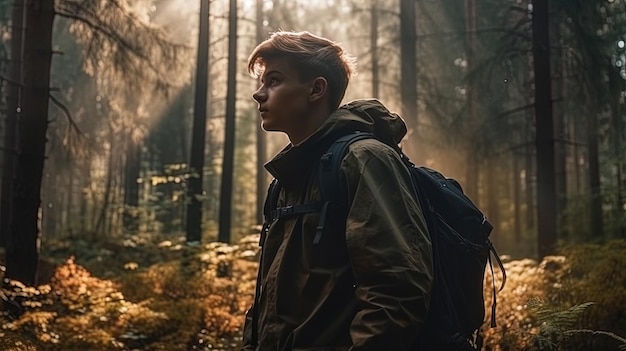 Imagen generada por IA Atractivo joven desconocido caminando por un bosque