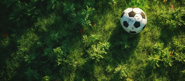 Imagen generada por la IA de un balón de fútbol o de fútbol en el césped verde fresco de primavera del estadio