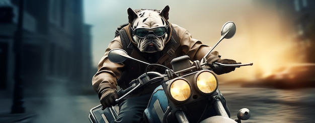 imagen generada por IA de bulldog montando moto