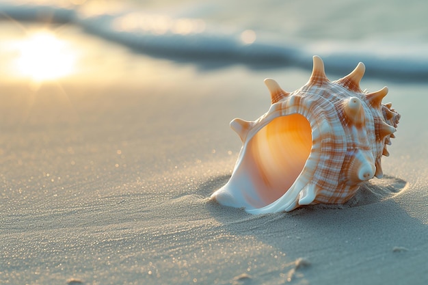 Imagen generada por IA de una concha en la arena de la playa con olas