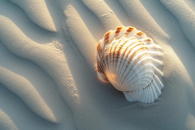 Imagen generada por IA de una concha de mar en la playa de arena blanca